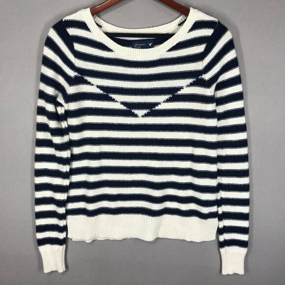 American Eagle Sweater Womens Medium Blue White Striped Pullover Knit Round Slit - Picture 1 of 12